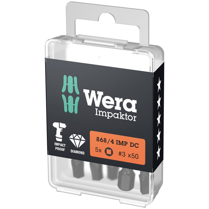 Wera 868/4 IMP DC DIY Impaktor square head socket bits, # 3 x 50 mm, 5 pieces
