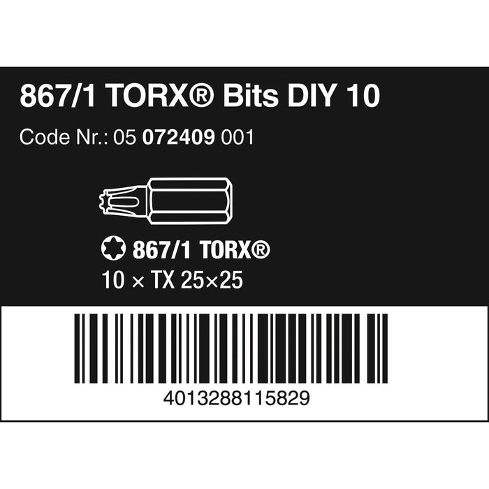 Wera 867/1 DIY TORX® bits, TX 25 x 25 mm, 10 pieces