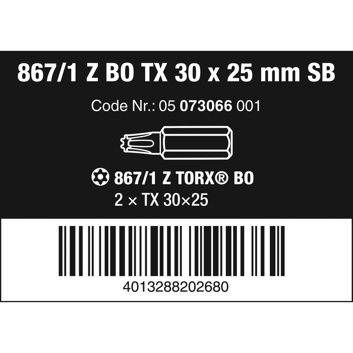 Wera 867/1 Z TORX® BO SB bits with bore hole, TX 30 x 25 mm, 2 pieces