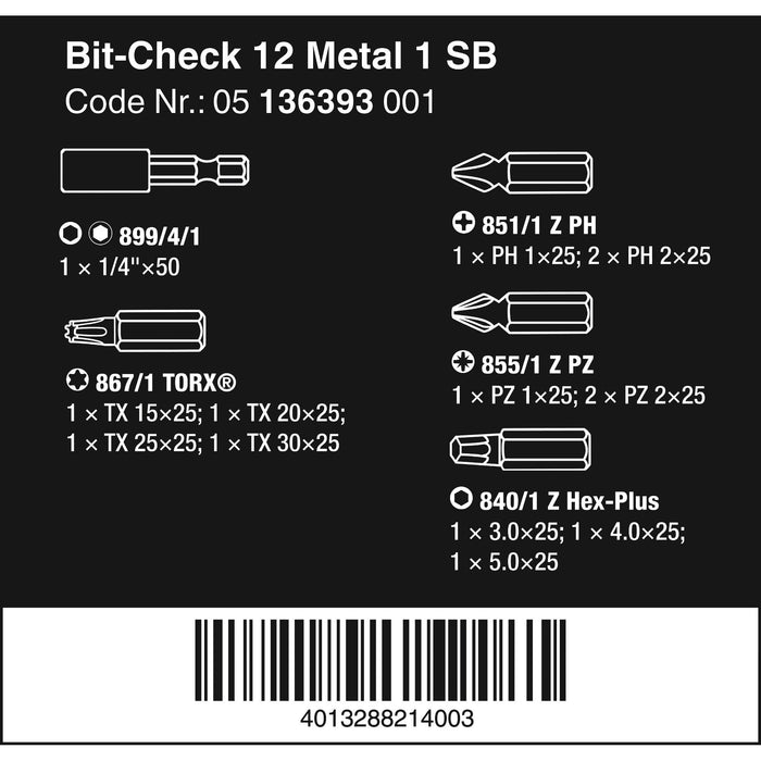 Wera Bit-Check 12 Metal 1 SB, 12 pieces