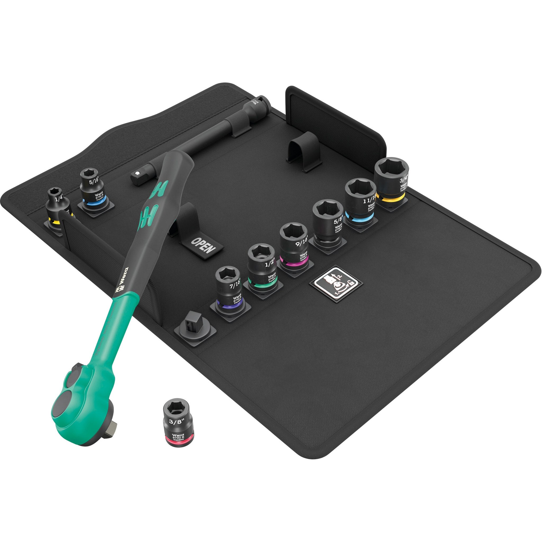 Wera 8100 SB 13 Zyklop Comfort Ratchet set, reversing lever, 3/8" drive, imperial, 11